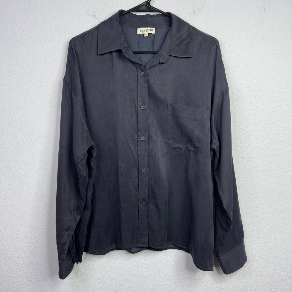 Djerf Avenue On the Go Shirt Womens M Black Relaxed Cupro Button Boxy Minimalist